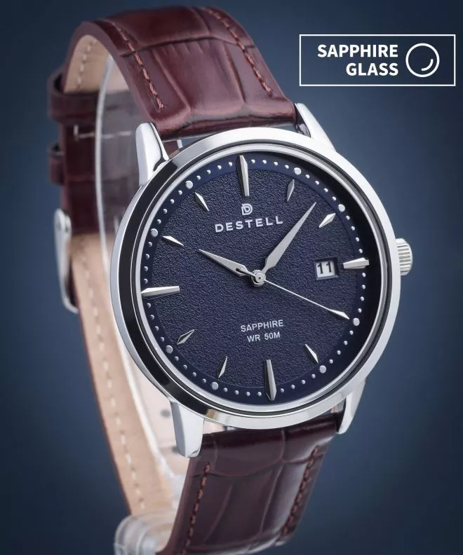 Zegarek męski DESTELL Pictor Blue Silver Brown Leather Sapphire PT405-35-209L