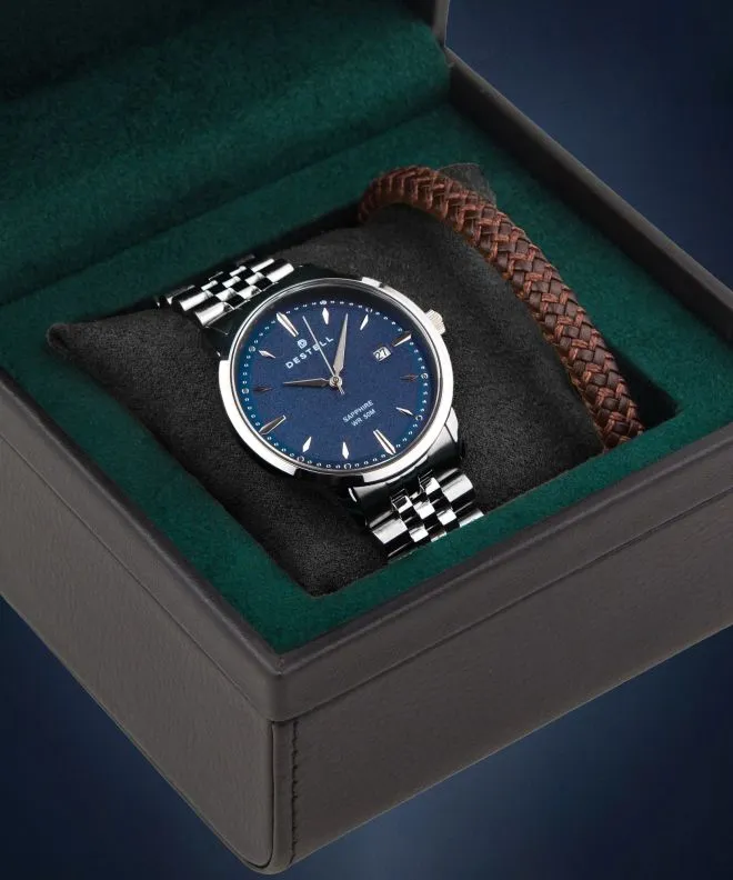 Zegarek męski DESTELL Pictor Blue Silver Steel Sapphire Gift Set PT405-35-205J-9520-02