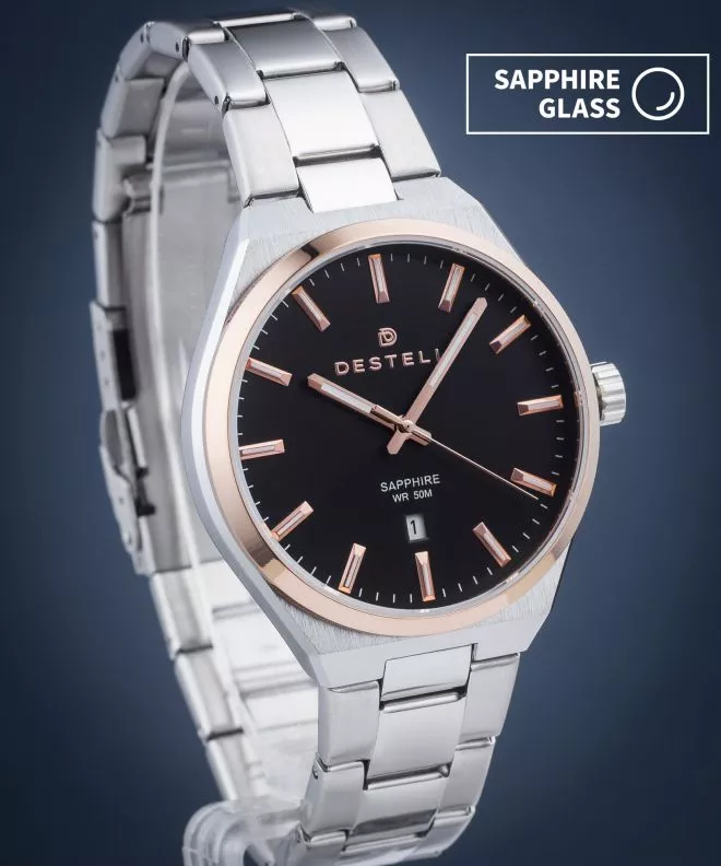 Zegarek męski DESTELL Aries Black Silver Steel Sapphire AR4057-17-205S
