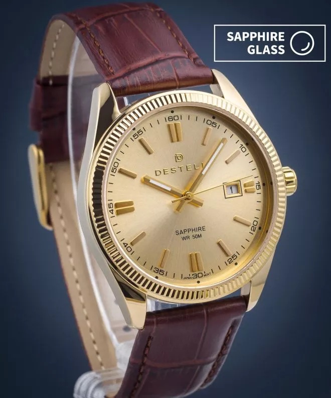 Zegarek męski DESTELL Loup Gold Brown Leather Sapphire LU3854-44-209L