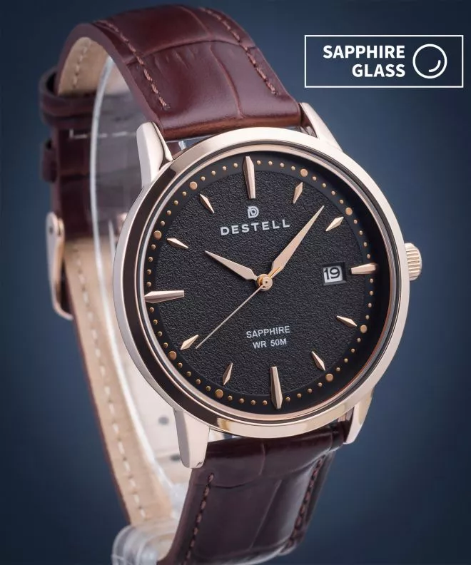 Zegarek męski DESTELL Pictor Black Rose Gold Brown Leather Sapphire PT407-17-209L