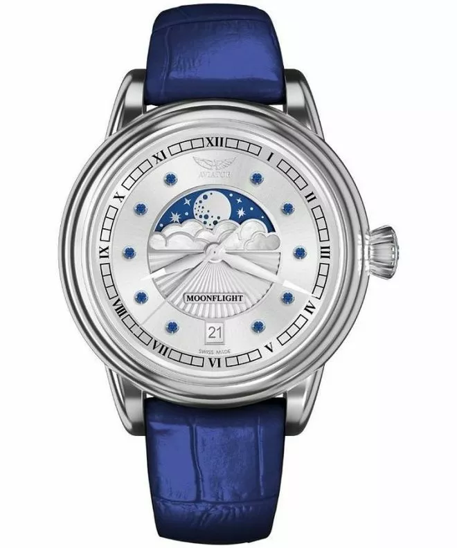 Zegarek damski Aviator Moonflight Gemstone Edition Silver Blue Sapphire Limited Edition V.1.33.0.415.4