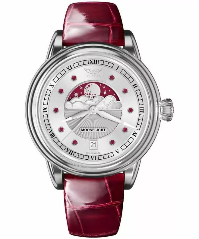 Zegarek damski Aviator Moonflight Gemstone Edition Silver Red Ruby Limited Edition V.1.33.0.419.4