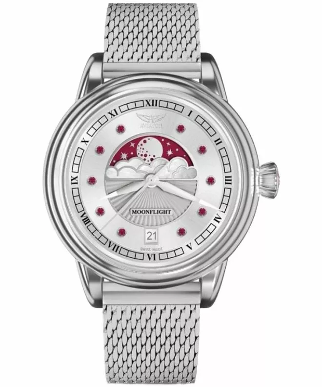 Zegarek damski Aviator Moonflight Gemstone Edition Silver Red Ruby Limited Edition V.1.33.0.419.5