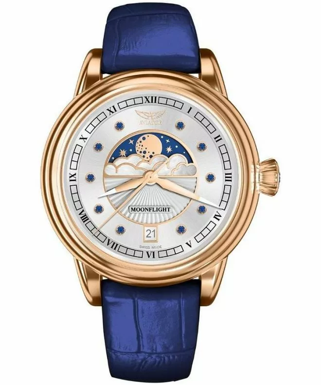 Zegarek damski Aviator Moonflight Gemstone Edition Silver Blue Sapphire Limited Edition V.1.33.2.416.4