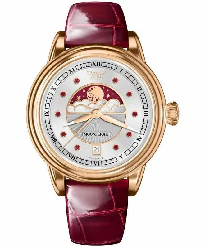 Zegarek damski Aviator Moonflight Gemstone Edition Silver Red Ruby Limited Edition V.1.33.2.420.4