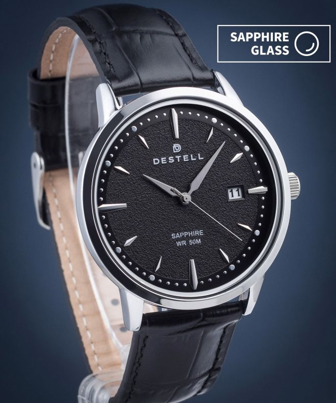Zegarek męski DESTELL Pictor Black Silver Leather Sapphire PT405-15-201L