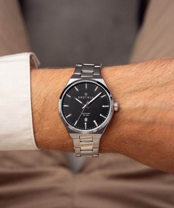 Zegarek męski DESTELL Aries Black Silver Steel Sapphire