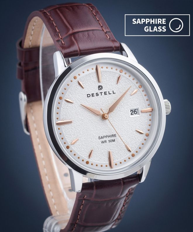Zegarek męski DESTELL Pictor Silver Brown Leather Sapphire PT405-57-209L