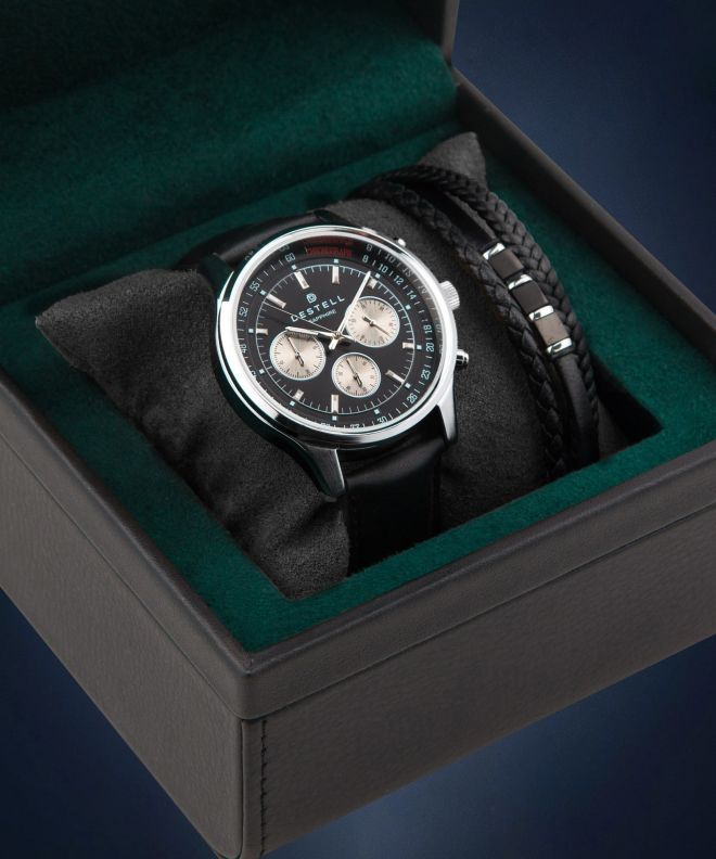 Zegarek męski DESTELL Circinus Black Silver Leather Chronograph Sapphire Gift Set CR415-15-201L-1520-03