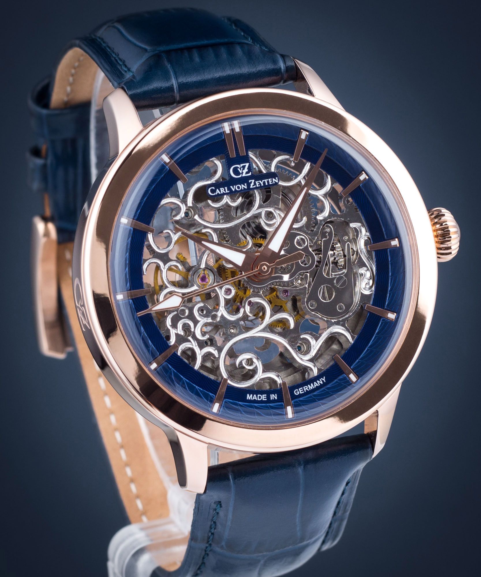 Orologio Automatico Uomo Carl Von Zeyten CVZ0013RBL – Cassa In Acciaio Color Rosa Gold, Quadrante Scheletrato Argento/blu, Cinturino In Pelle Blu. Movimento Meccanico Senza Batteria.