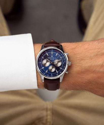 Zegarek męski DESTELL Circinus Blue Silver Brown Leather Chronograph Sapphire