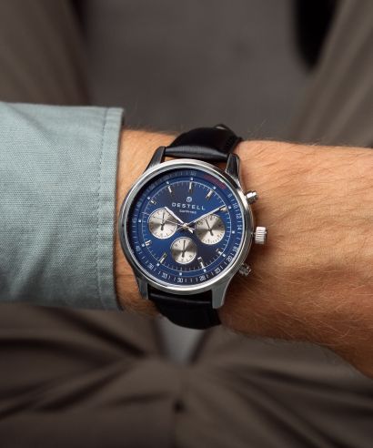 Zegarek męski DESTELL Circinus Blue Silver Black Leather Chronograph Sapphire