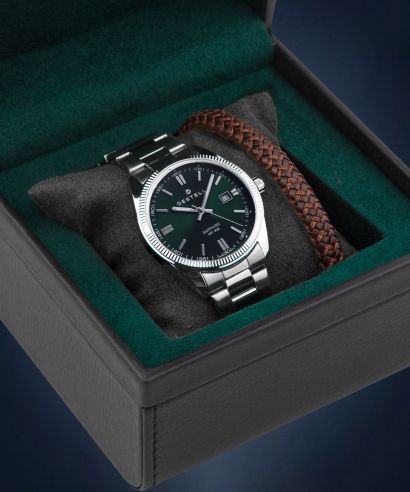 Zegarek męski DESTELL Loup Green Silver Steel Sapphire Gift Set