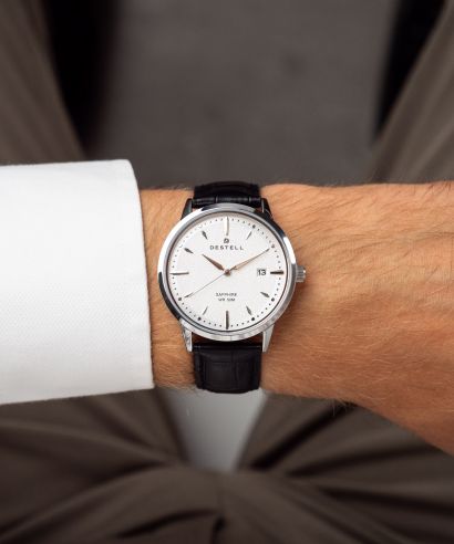 Zegarek męski DESTELL Pictor Silver Black Leather Sapphire