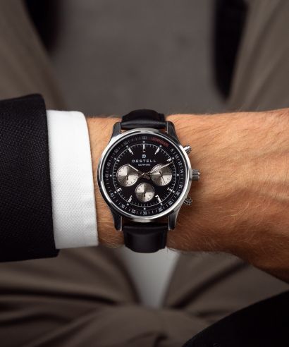 Zegarek męski DESTELL Circinus Black Silver Leather Chronograph Sapphire