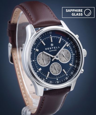 Zegarek męski DESTELL Circinus Navy Blue Silver Brown Leather Chronograph Sapphire