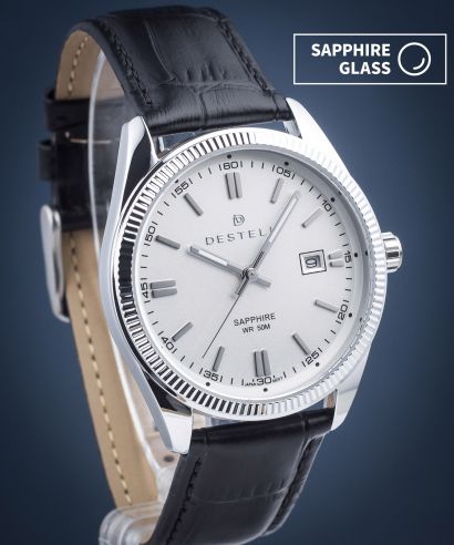 Zegarek męski DESTELL Loup White Silver Black Leather Sapphire