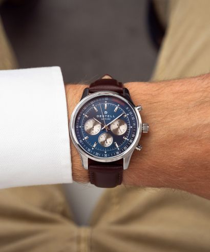 Zegarek męski DESTELL Circinus Navy Blue Silver Brown Leather Chronograph Sapphire