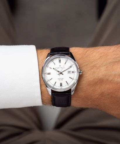 Zegarek męski DESTELL Loup White Silver Black Leather Sapphire