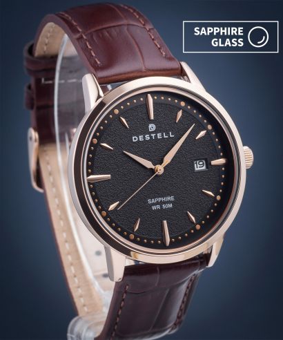Zegarek męski DESTELL Pictor Black Rose Gold Brown Leather Sapphire