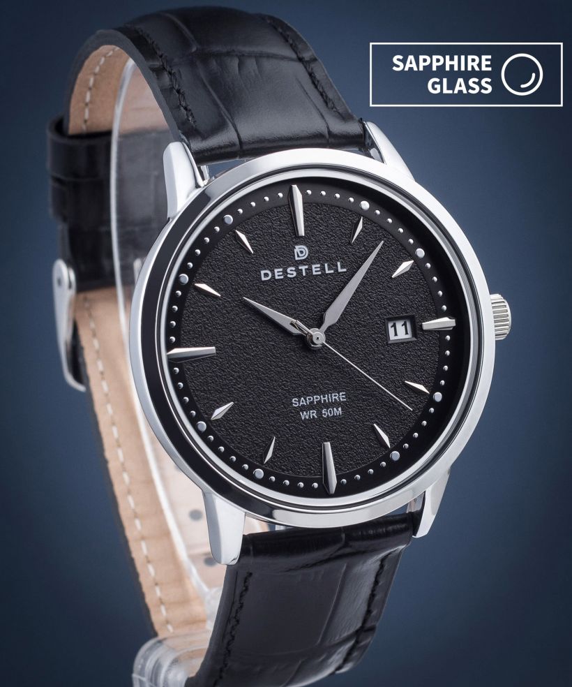 Zegarek męski DESTELL Pictor Black Silver Leather Sapphire