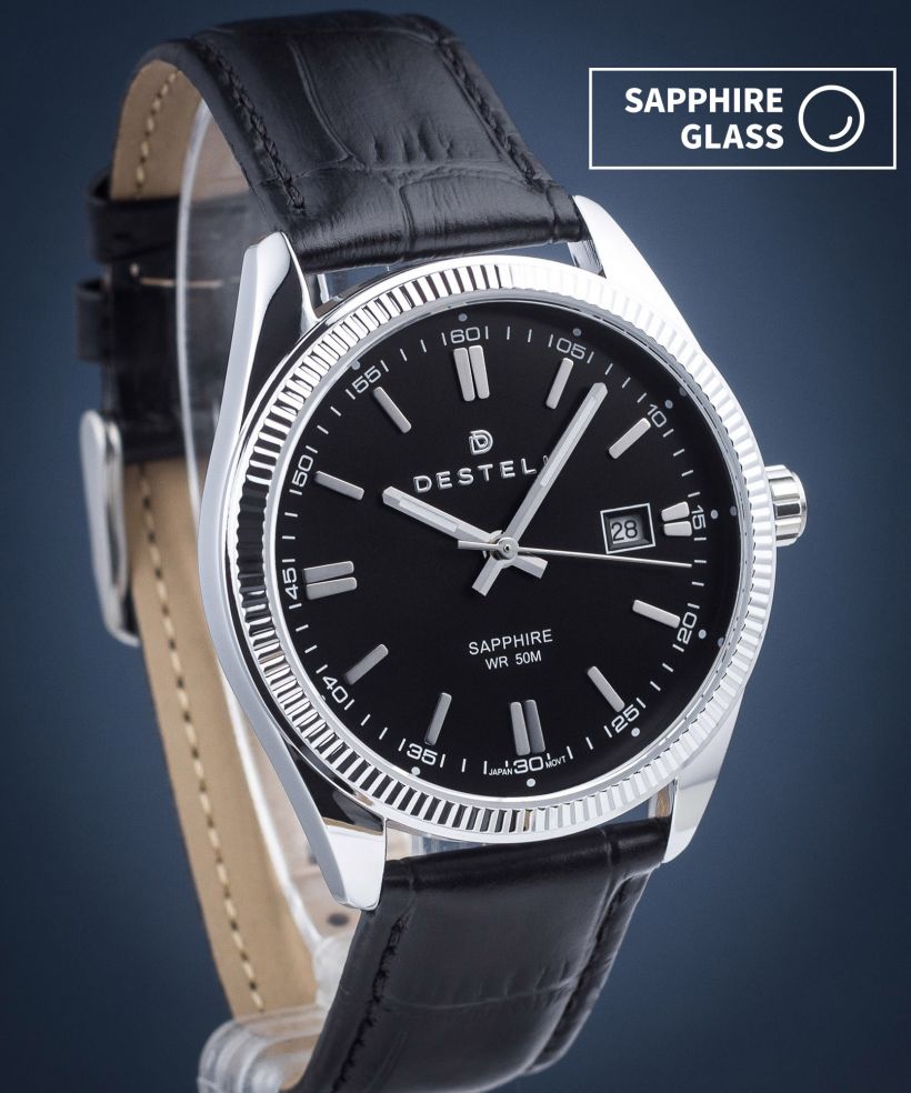 Zegarek męski DESTELL Loup Black Silver Leather Sapphire