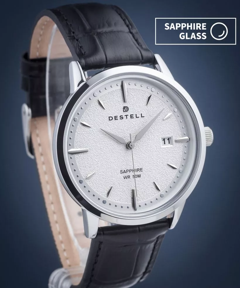 Zegarek męski DESTELL Pictor Silver Black Leather Sapphire