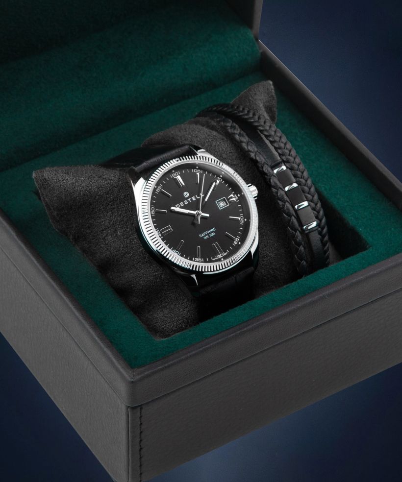 Zegarek męski DESTELL Loup Black Silver Leather Sapphire Gift Set