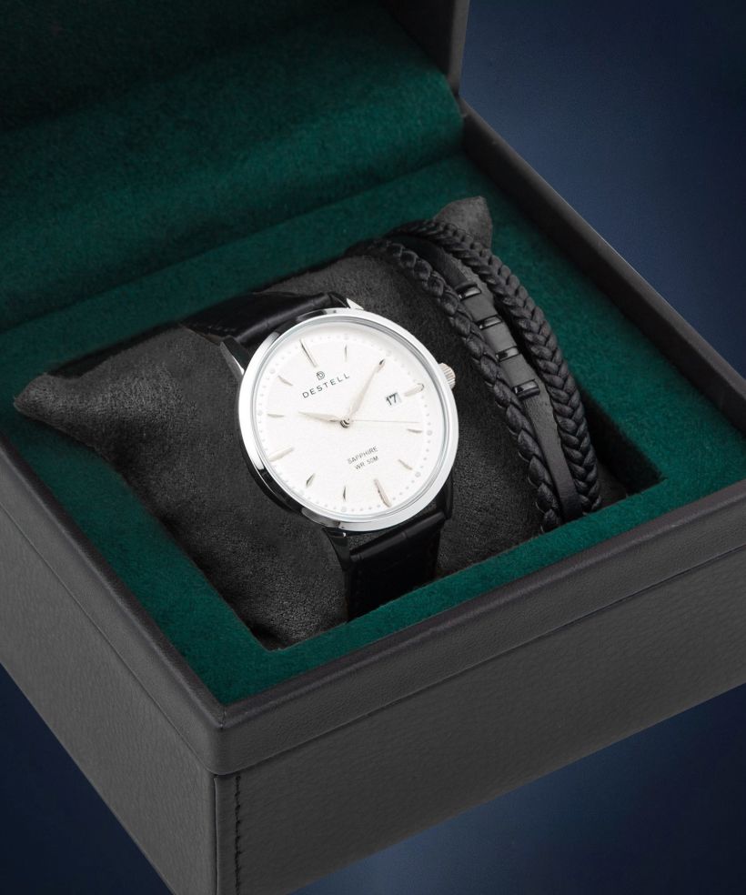Zegarek męski DESTELL Pictor Silver Black Leather Sapphire Gift Set