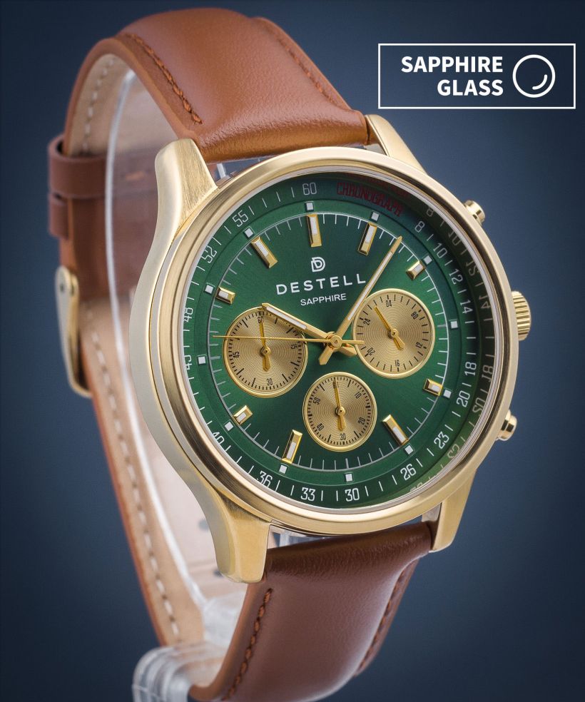 Zegarek męski DESTELL Circinus Green Gold Brown Leather Chronograph Sapphire