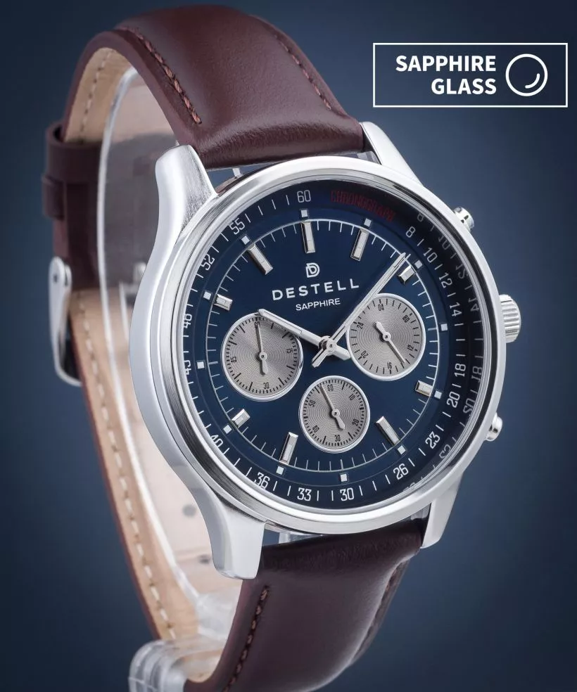 Zegarek męski DESTELL Circinus Navy Blue Silver Brown Leather Chronograph Sapphire
