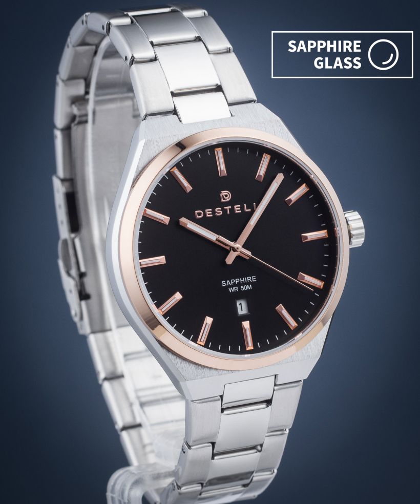 Zegarek męski DESTELL Aries Black Silver Steel Sapphire