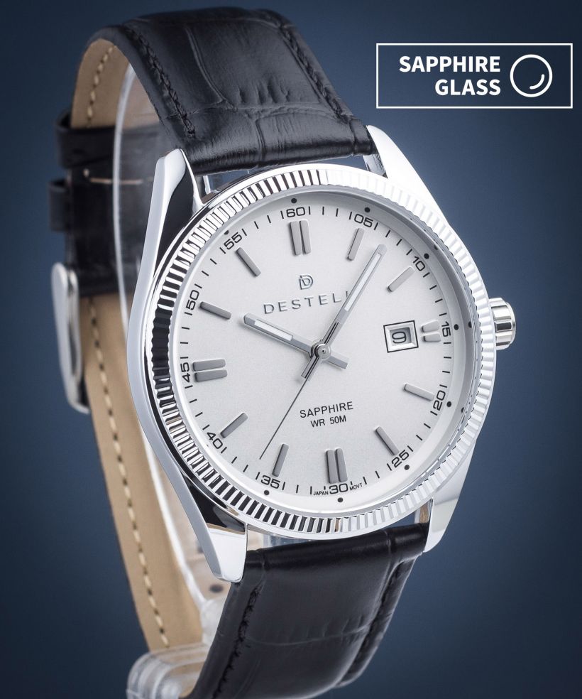Zegarek męski DESTELL Loup White Silver Black Leather Sapphire
