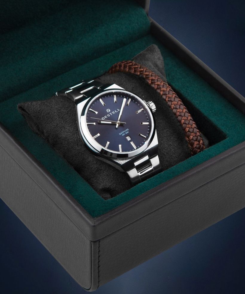 Zegarek męski DESTELL Aries Navy Blue Silver Steel Sapphire Gift Set