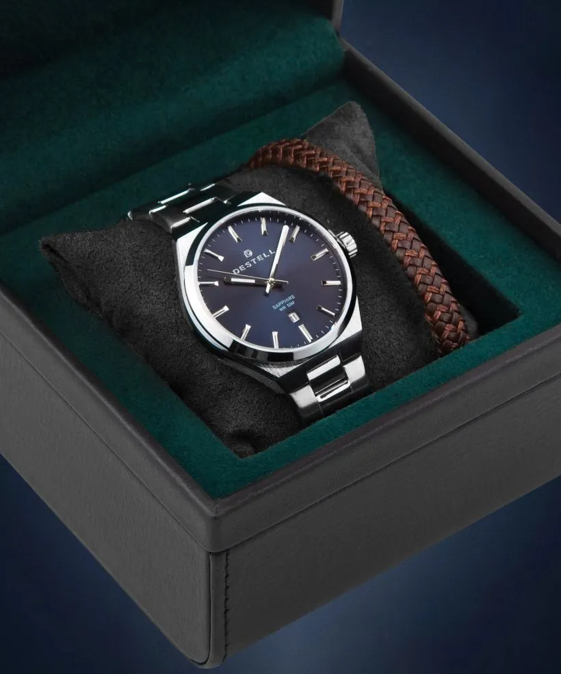 Zegarek męski DESTELL Aries Navy Blue Silver Steel Sapphire Gift Set