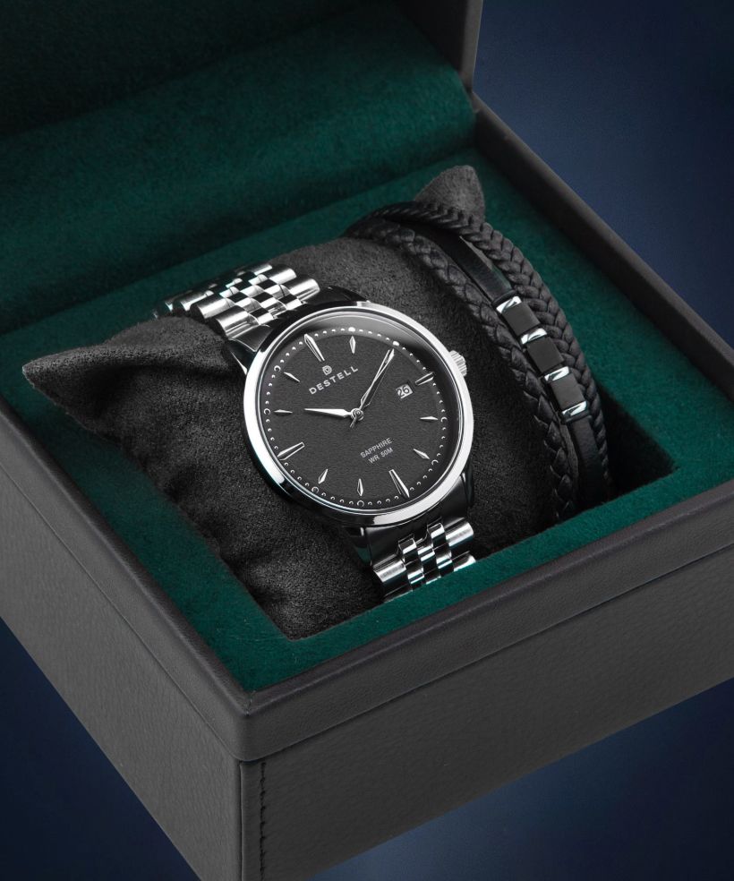 Zegarek męski DESTELL Pictor Black Silver Steel Sapphire Gift Set