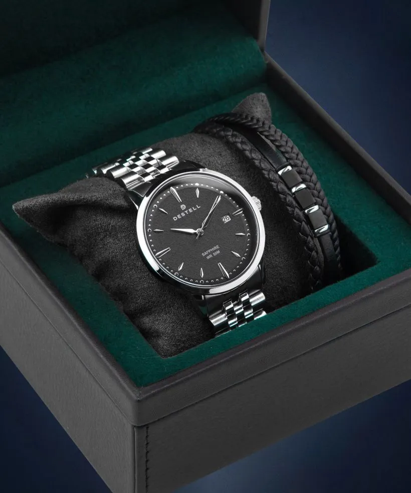 Zegarek męski DESTELL Pictor Black Silver Steel Sapphire Gift Set
