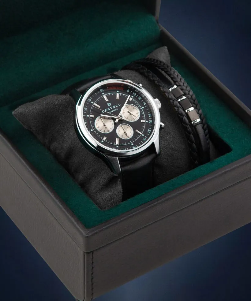 Zegarek męski DESTELL Circinus Black Silver Leather Chronograph Sapphire Gift Set