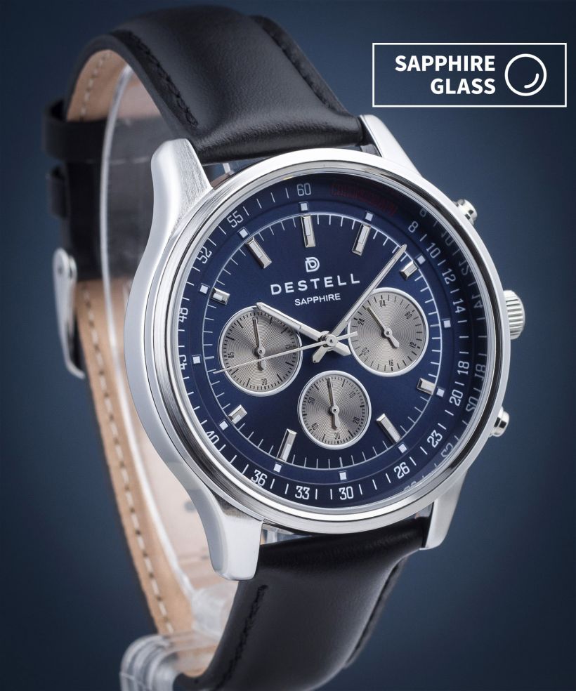 Zegarek męski DESTELL Circinus Blue Silver Black Leather Chronograph Sapphire