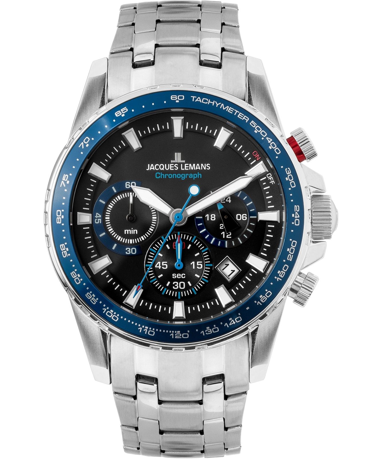 Jacques Lemans Orologio Uomo Liverpool Cronografo – 1-2099B.1, Cassa Acciaio 10 ATM, Cinturino In Pelle Nero/Blu