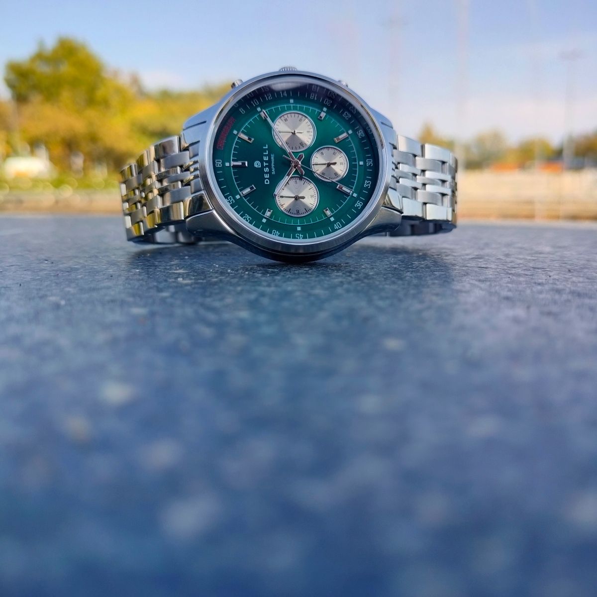 Zegarek męski DESTELL Circinus Green Silver Steel Chronograph Sapphire