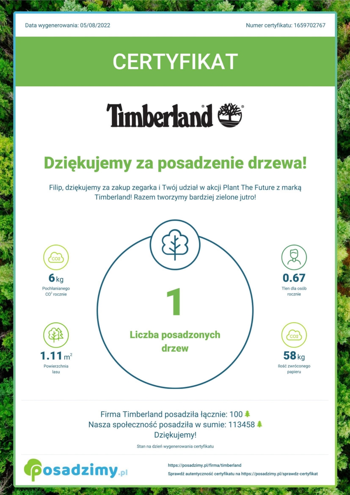 Certyfikat Plant The Future TImberland