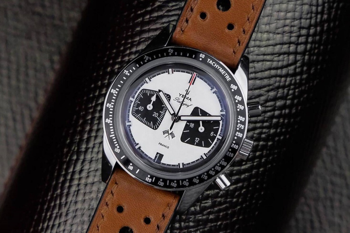 Funkcja tachymetru w zegarku Yema Rallygraf Panda Leather