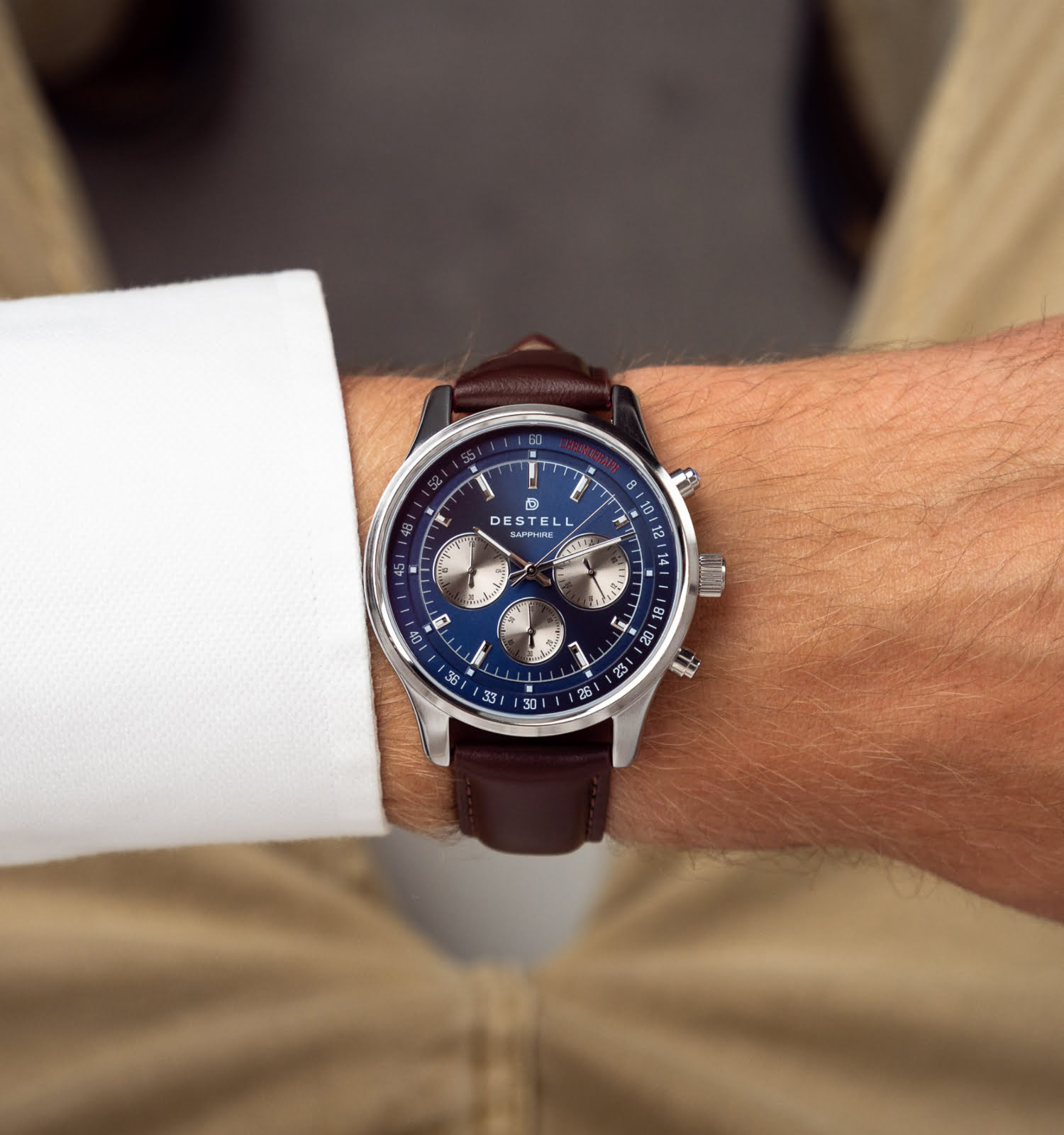 Zegarek męski DESTELL Circinus Blue Silver Brown Leather Chronograph Sapphire