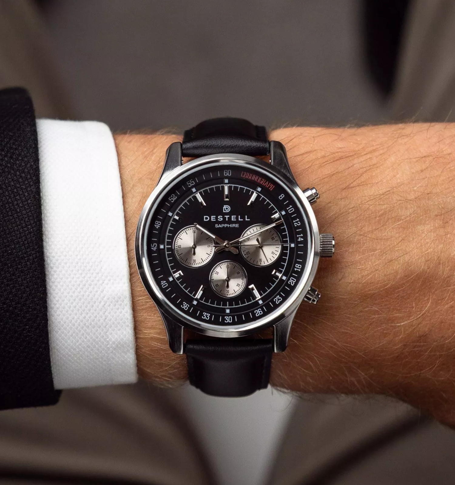 Zegarek męski DESTELL Circinus Black Silver Leather Chronograph Sapphire