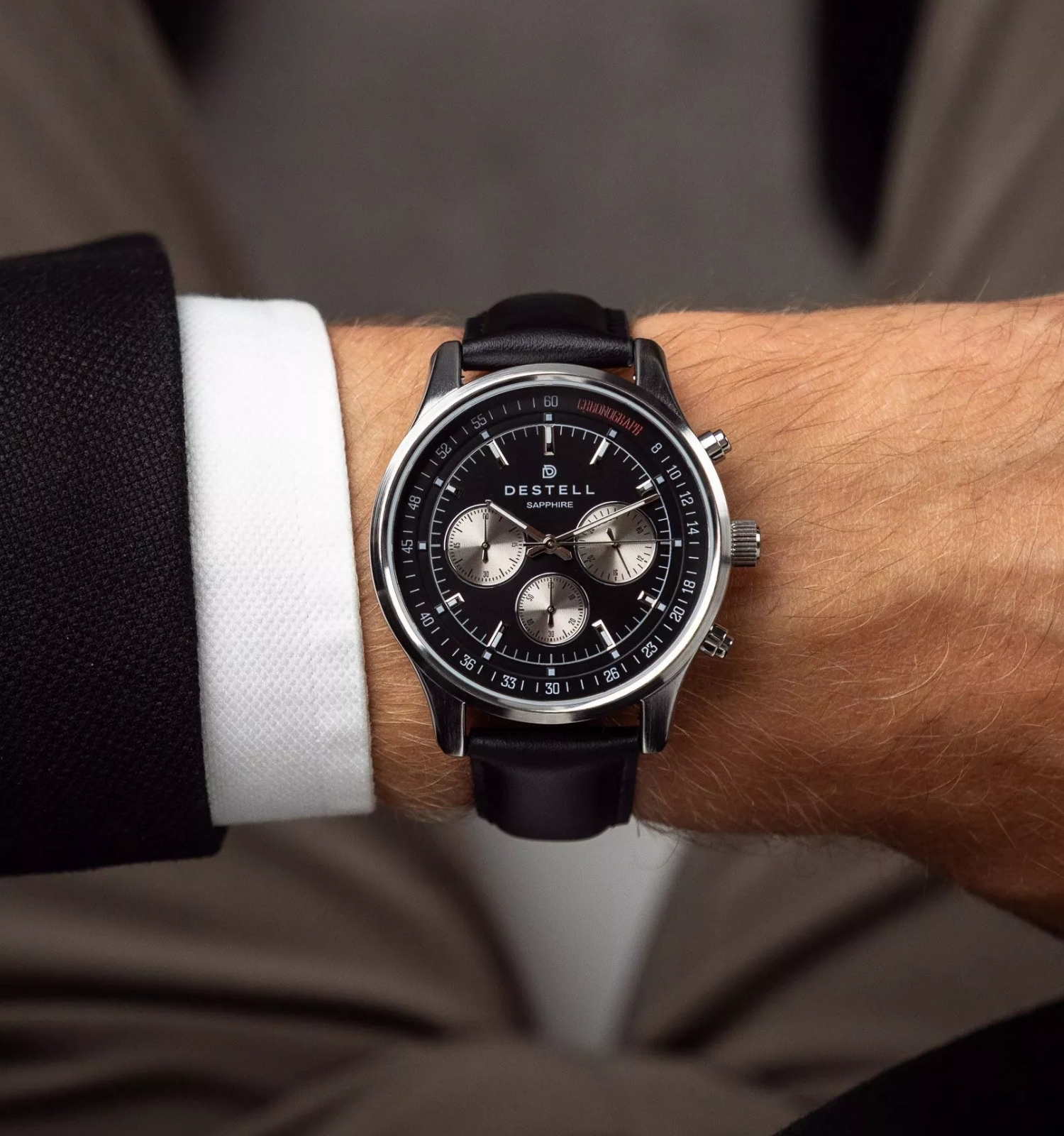 Zegarek męski DESTELL Circinus Black Silver Leather Chronograph Sapphire