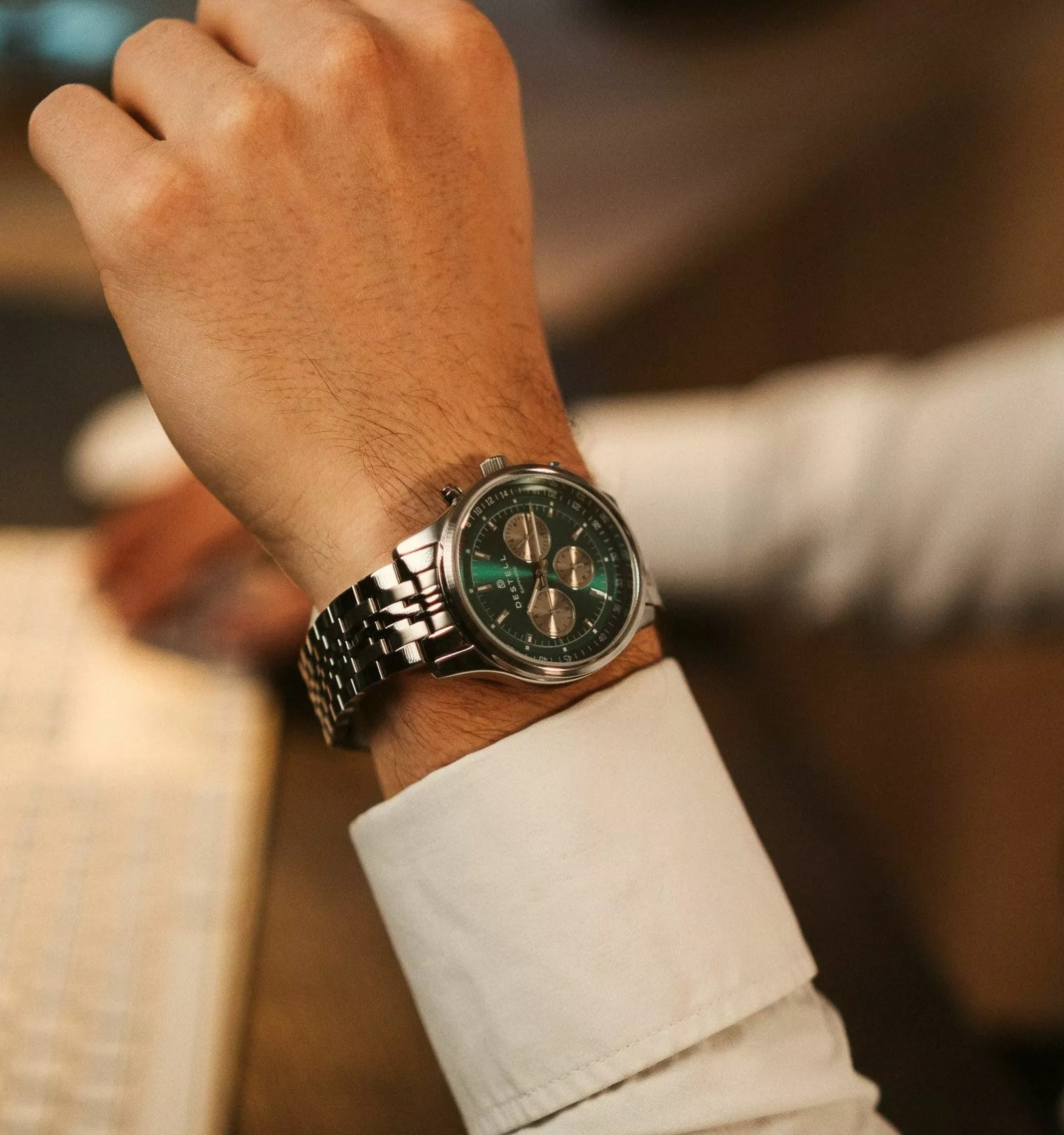 Zegarek męski DESTELL Circinus Green Silver Steel Chronograph Sapphire