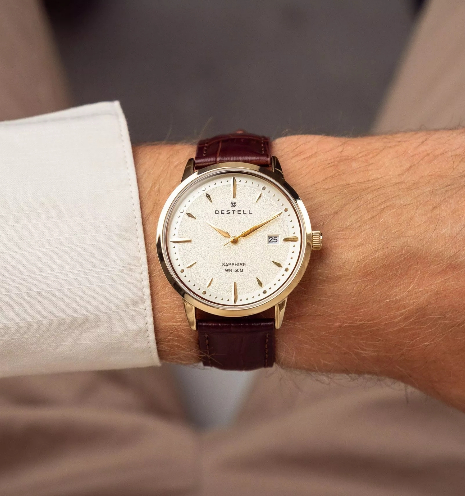 Zegarek męski DESTELL Pictor Gold Brown Leather Sapphire